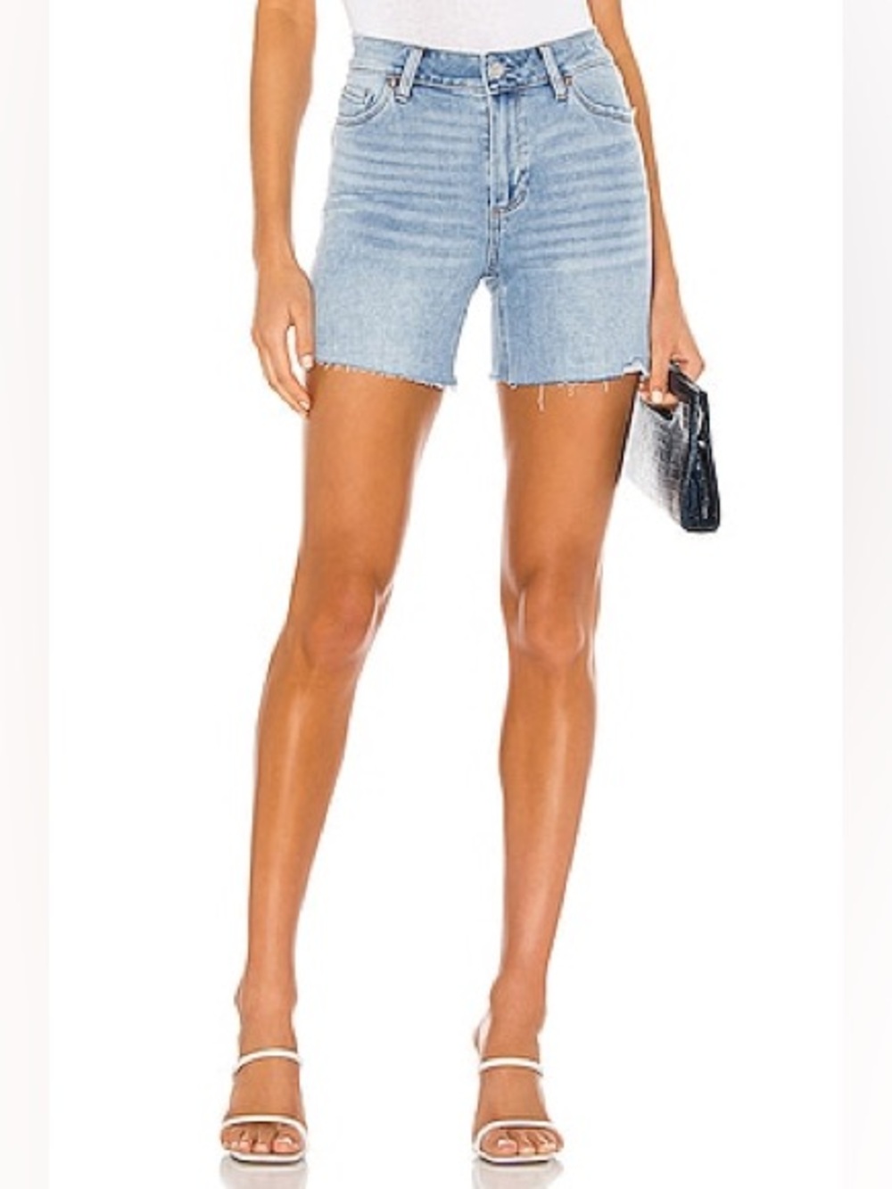 PAIGE Sarah Longline Denim Shorts Jorts Light Wash Raw Hem High Rise Size 27